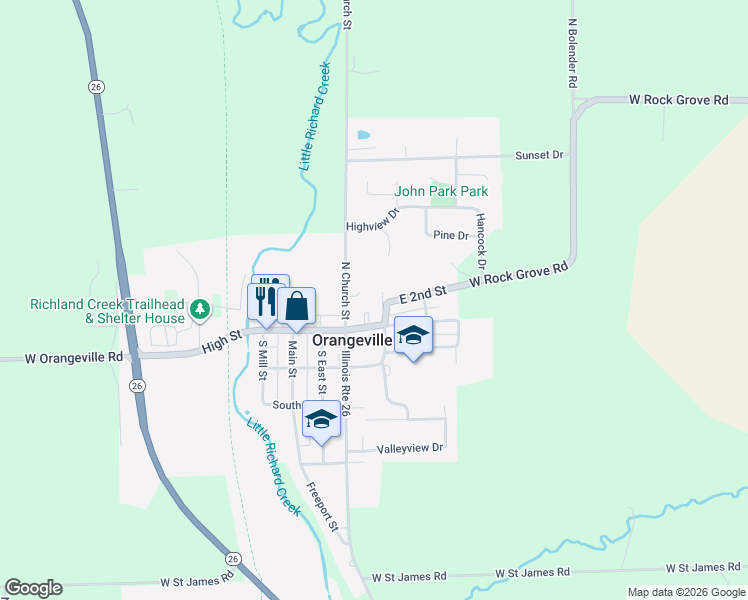 map of restaurants, bars, coffee shops, grocery stores, and more near 100 North Orange Street in Orangeville