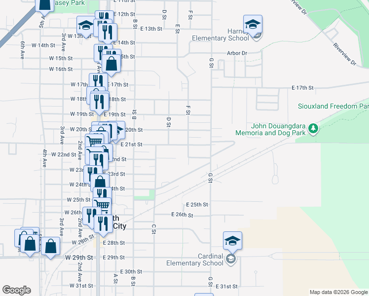 map of restaurants, bars, coffee shops, grocery stores, and more near 2101 F Street in South Sioux City
