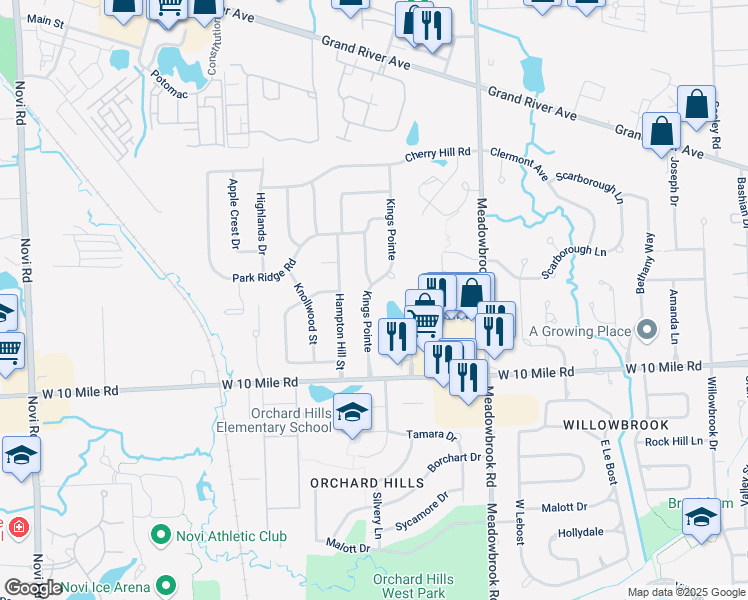 map of restaurants, bars, coffee shops, grocery stores, and more near 24372 Kings Pointe in Novi