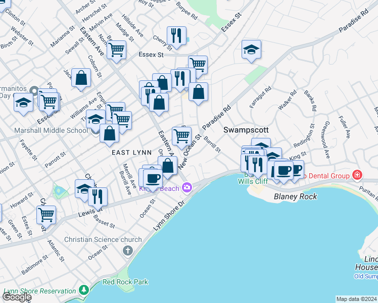 map of restaurants, bars, coffee shops, grocery stores, and more near 16 New Ocean Street in Swampscott