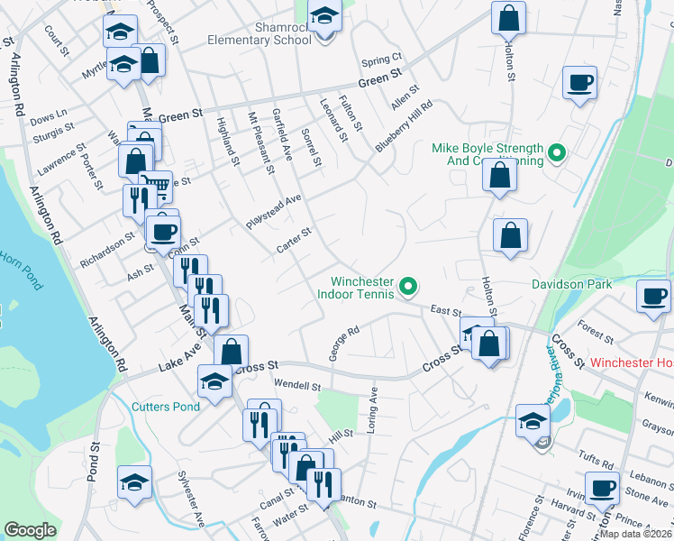 map of restaurants, bars, coffee shops, grocery stores, and more near 133 Garfield Avenue in Woburn