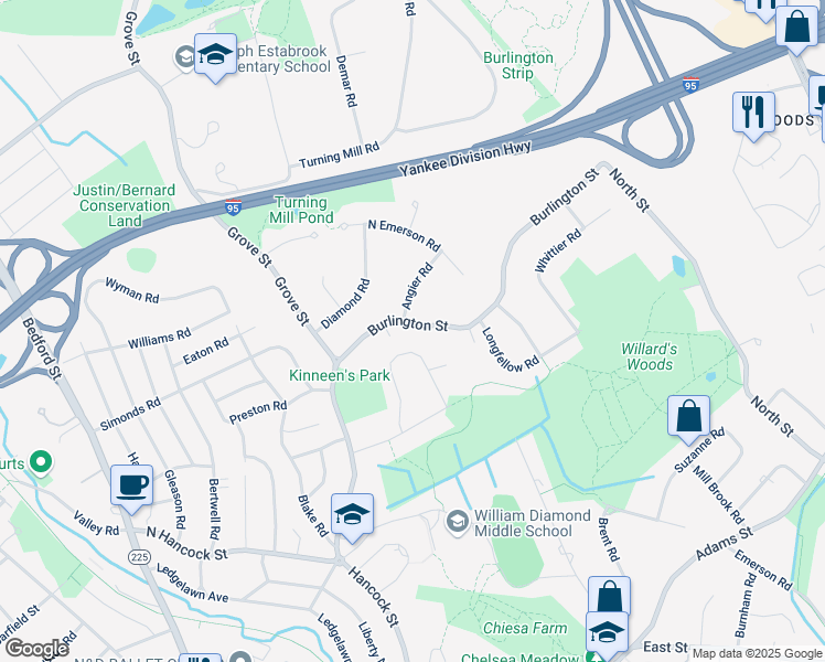 map of restaurants, bars, coffee shops, grocery stores, and more near 103 Burlington Street in Lexington