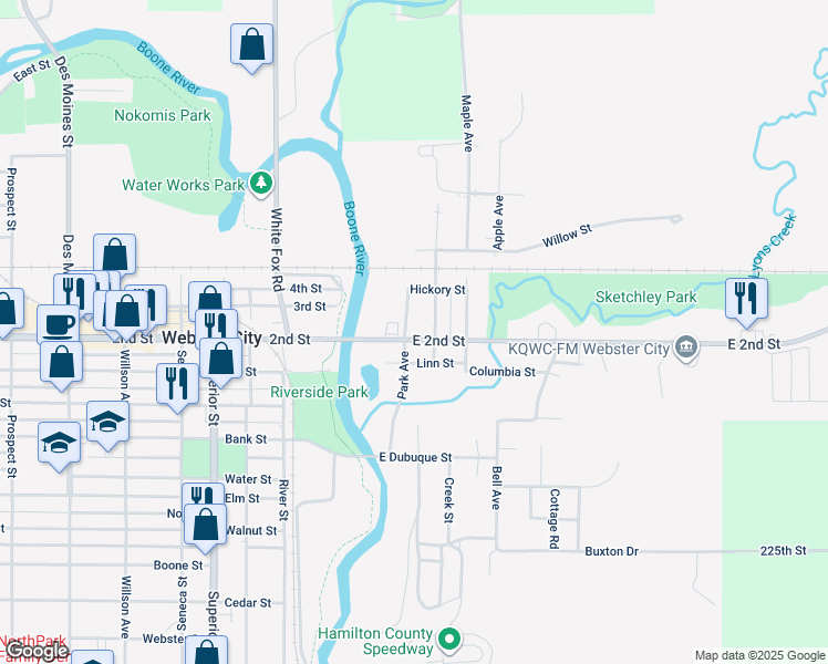 map of restaurants, bars, coffee shops, grocery stores, and more near 620 Park Avenue in Webster City