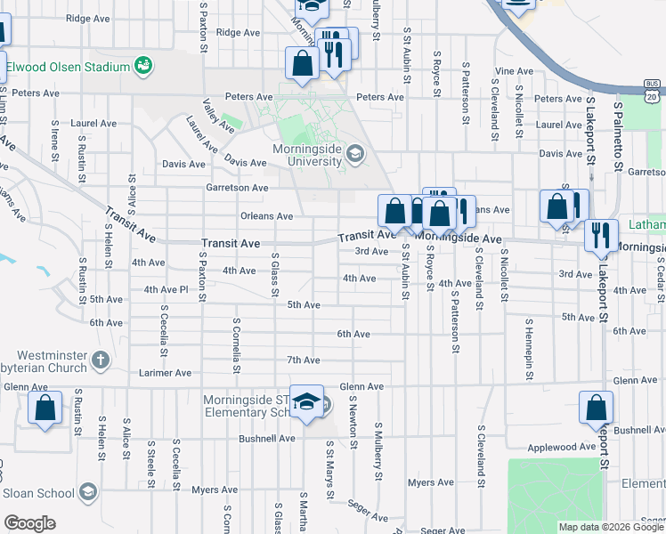 map of restaurants, bars, coffee shops, grocery stores, and more near 3709 4th Avenue in Sioux City