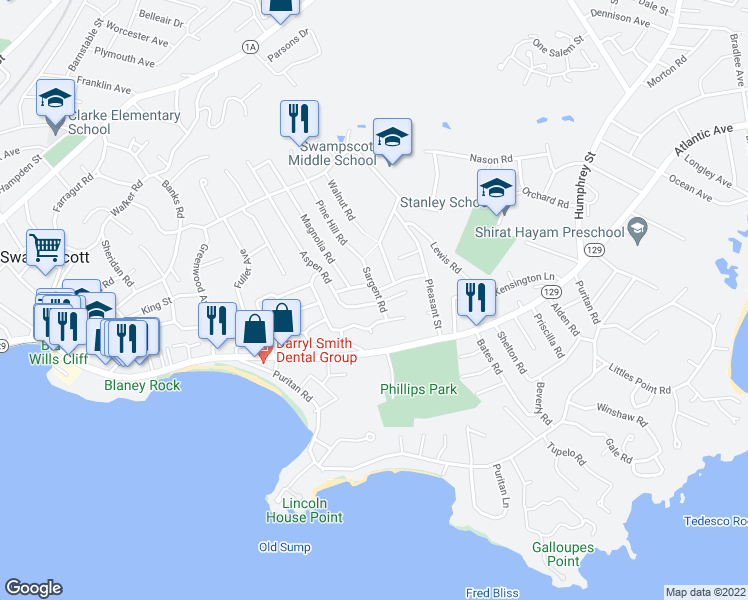 map of restaurants, bars, coffee shops, grocery stores, and more near 14 Sargent Road in Swampscott