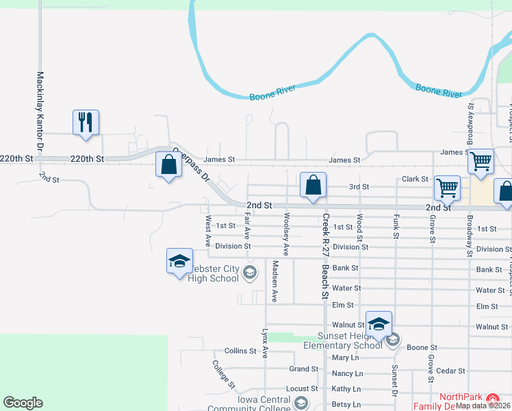 map of restaurants, bars, coffee shops, grocery stores, and more near 1490 2nd St in Webster City