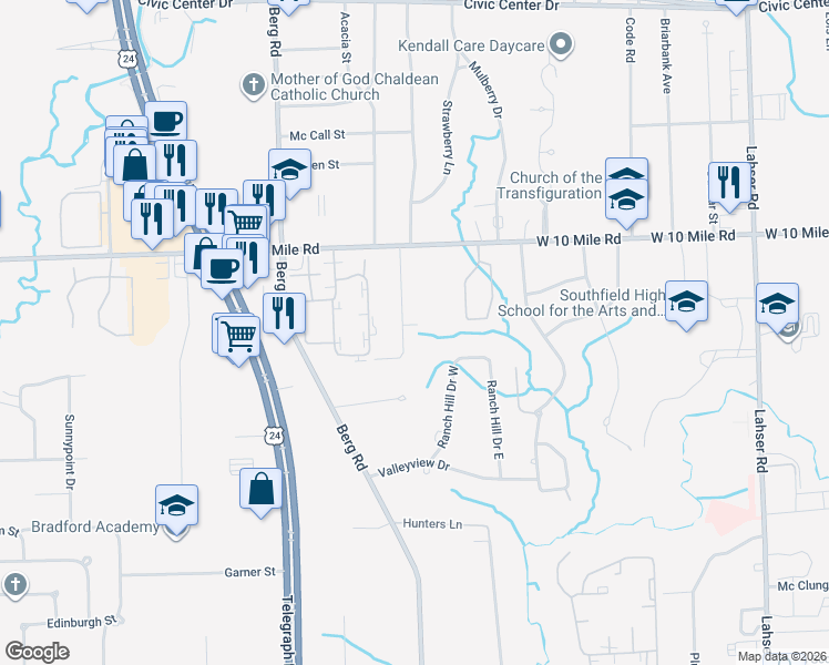 map of restaurants, bars, coffee shops, grocery stores, and more near 24654 River Heights Street in Southfield