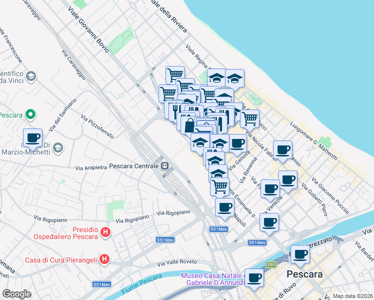 map of restaurants, bars, coffee shops, grocery stores, and more near 292 Corso Vittorio Emanuele II in Pescara