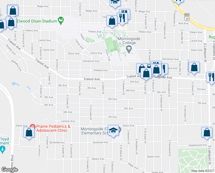 map of restaurants, bars, coffee shops, grocery stores, and more near 3513 4th Avenue in Sioux City