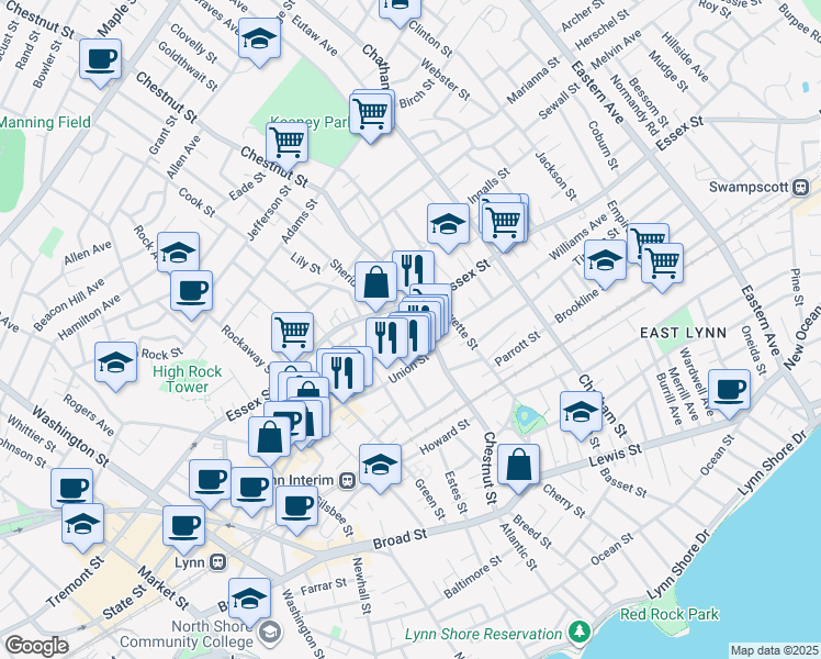 map of restaurants, bars, coffee shops, grocery stores, and more near 20 Lincoln Street in Lynn