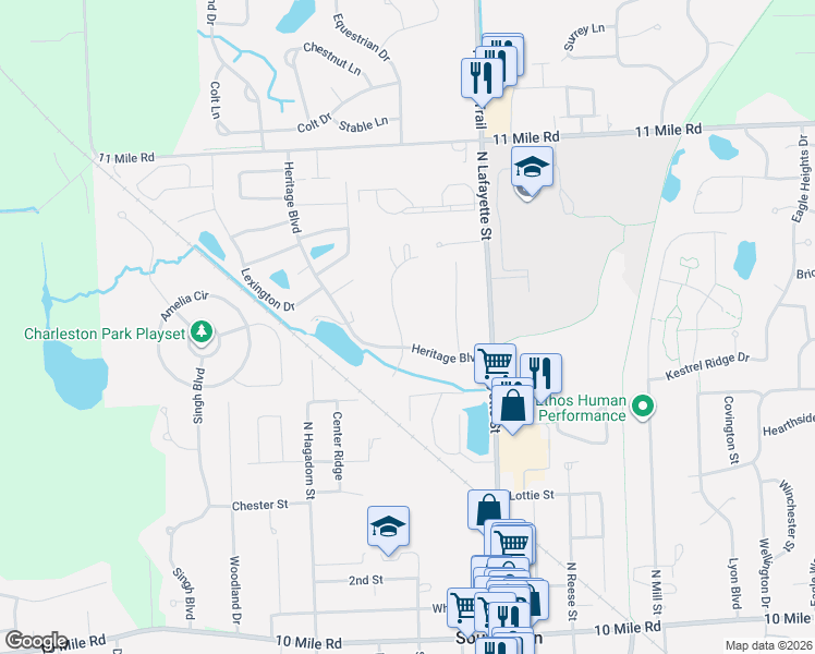 map of restaurants, bars, coffee shops, grocery stores, and more near 25156 Potomac Drive in South Lyon