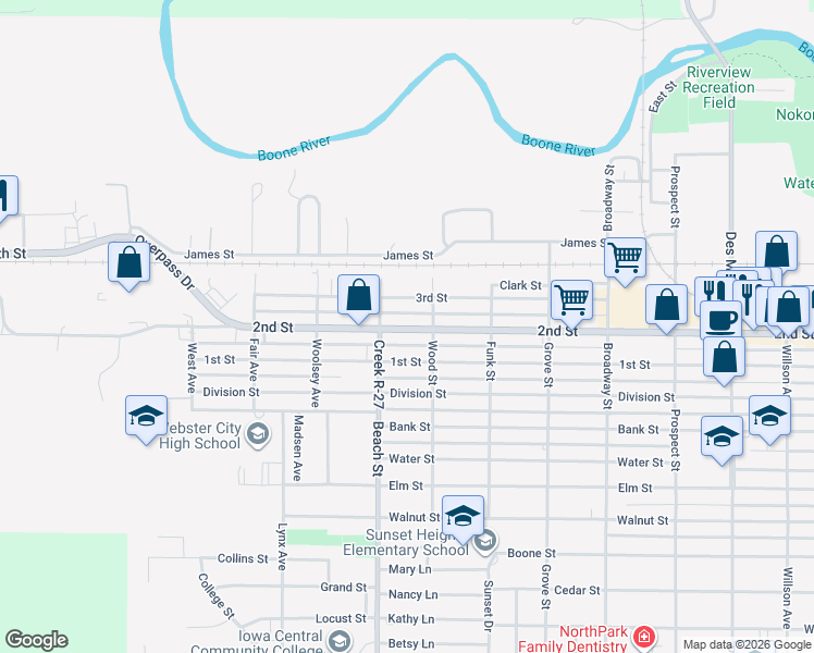 map of restaurants, bars, coffee shops, grocery stores, and more near 1212 2nd Street in Webster City