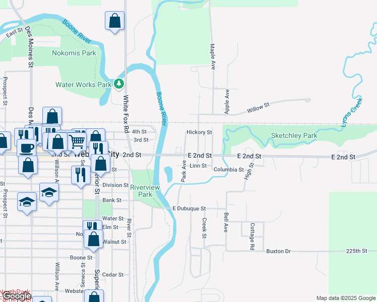 map of restaurants, bars, coffee shops, grocery stores, and more near 620 Park Avenue in Webster City
