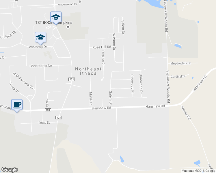 map of restaurants, bars, coffee shops, grocery stores, and more near 114 Salem Dr in Ithaca
