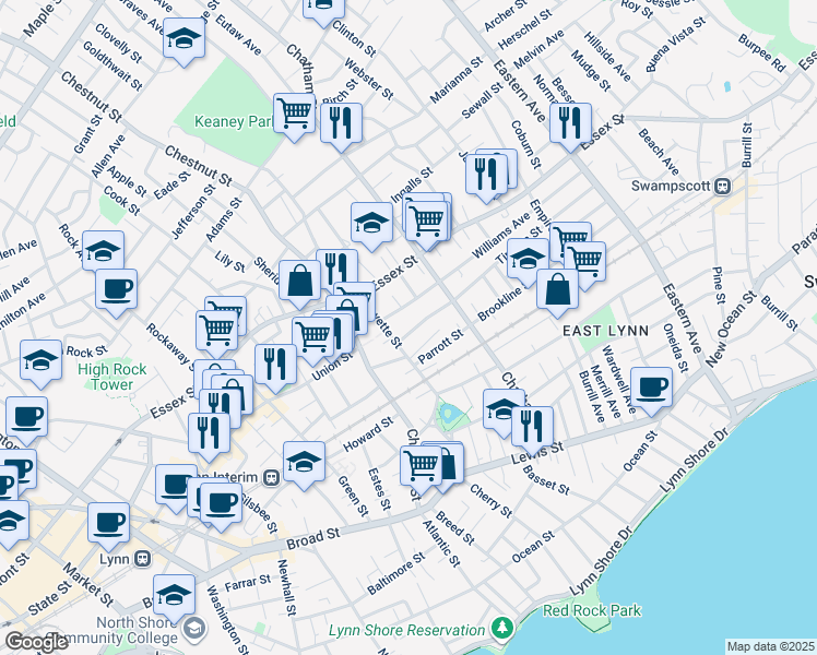 map of restaurants, bars, coffee shops, grocery stores, and more near 41 Trinity Avenue in Lynn