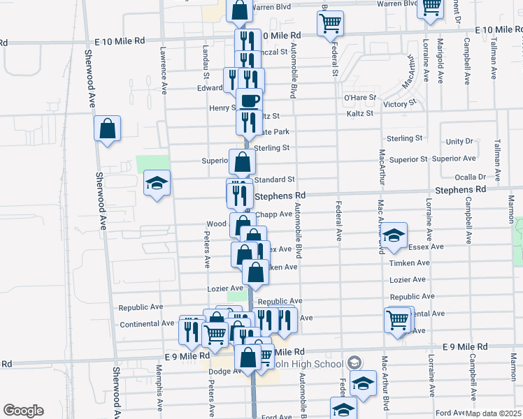 map of restaurants, bars, coffee shops, grocery stores, and more near 23810 Van Dyke Avenue in Warren