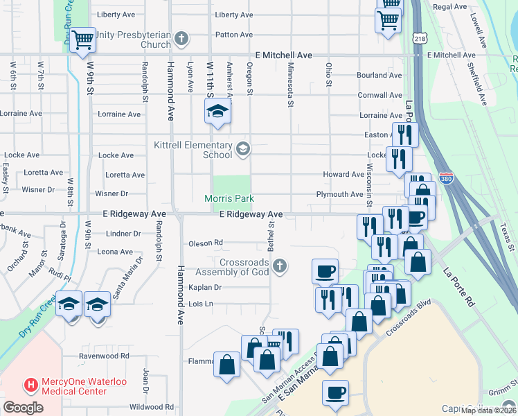 map of restaurants, bars, coffee shops, grocery stores, and more near in Waterloo