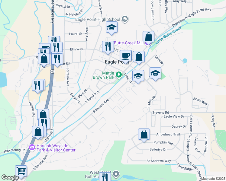 map of restaurants, bars, coffee shops, grocery stores, and more near 302 South Shasta Avenue in Eagle Point