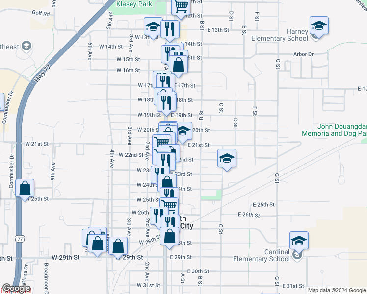 map of restaurants, bars, coffee shops, grocery stores, and more near 2116 A Street in South Sioux City