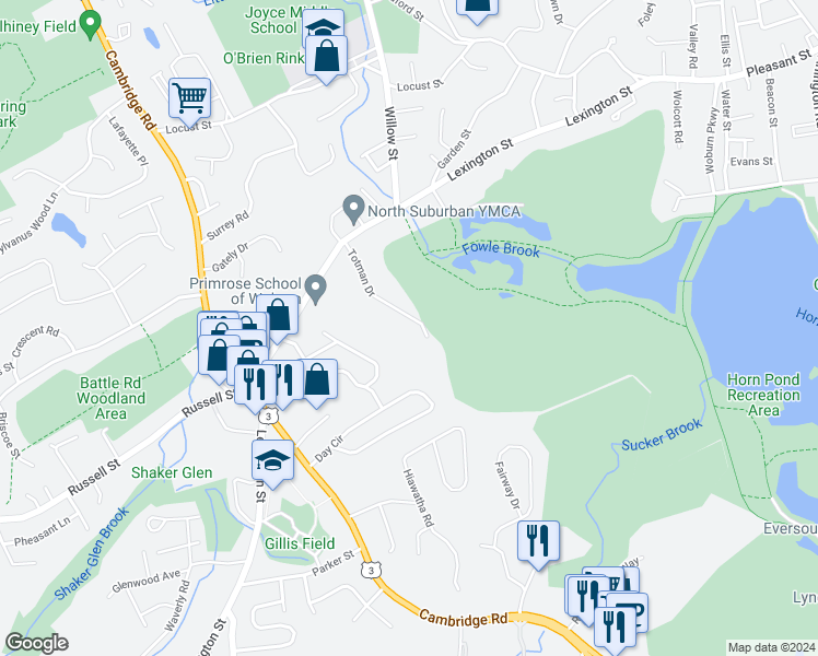map of restaurants, bars, coffee shops, grocery stores, and more near 21 Totman Drive in Woburn