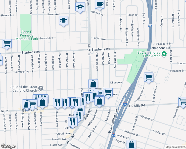 map of restaurants, bars, coffee shops, grocery stores, and more near 23500 Kelly Road in Eastpointe