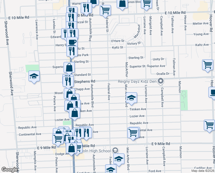 map of restaurants, bars, coffee shops, grocery stores, and more near 8323 Chapp Avenue in Warren