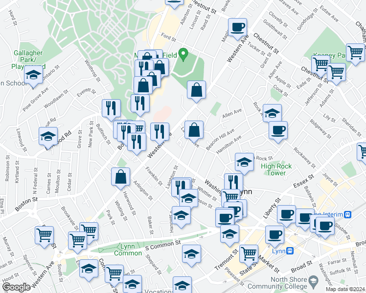 map of restaurants, bars, coffee shops, grocery stores, and more near 51 Laighton Street in Lynn