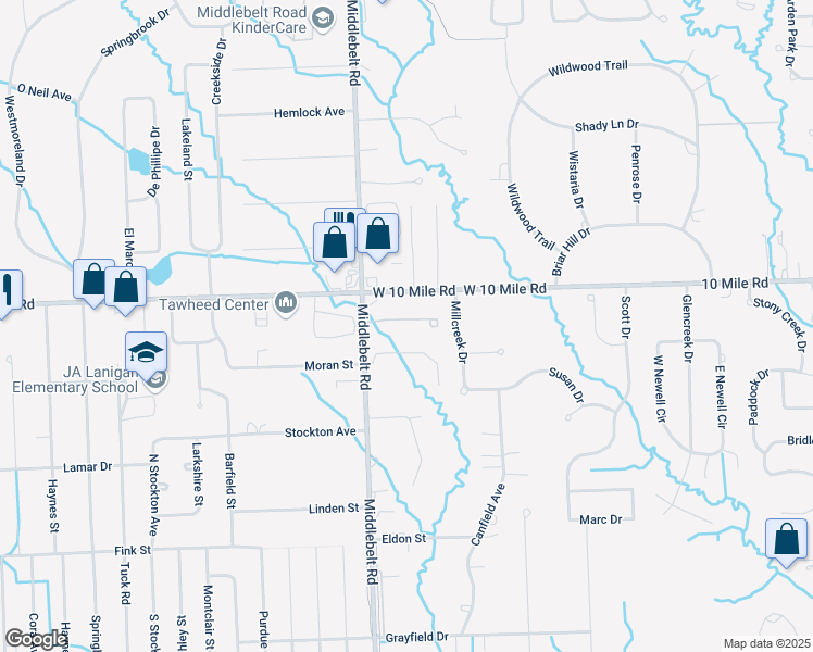 map of restaurants, bars, coffee shops, grocery stores, and more near 24060 Middlebelt Road in Farmington Hills