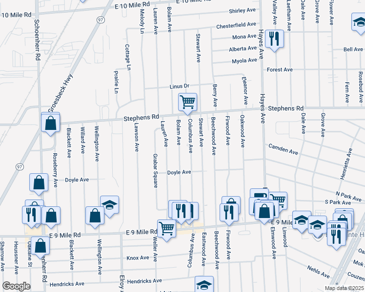 map of restaurants, bars, coffee shops, grocery stores, and more near 23614 Bolam Avenue in Warren