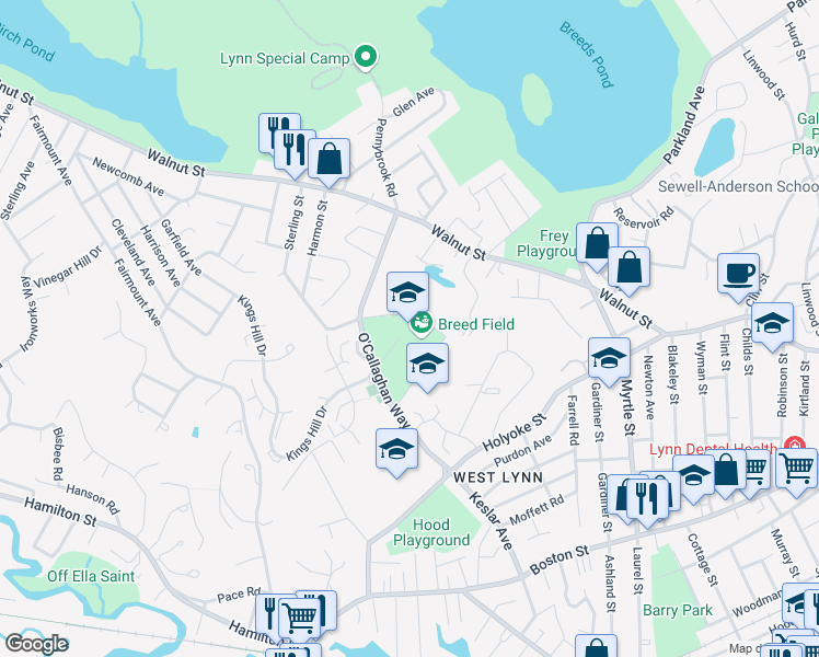 map of restaurants, bars, coffee shops, grocery stores, and more near 90 O'Callaghan Way in Lynn