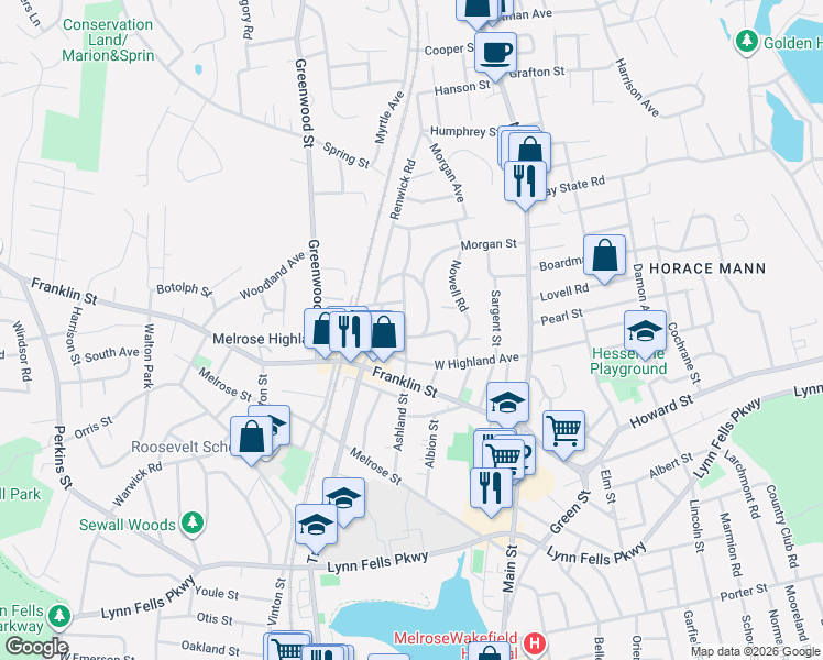 map of restaurants, bars, coffee shops, grocery stores, and more near 52 Henry Avenue in Melrose