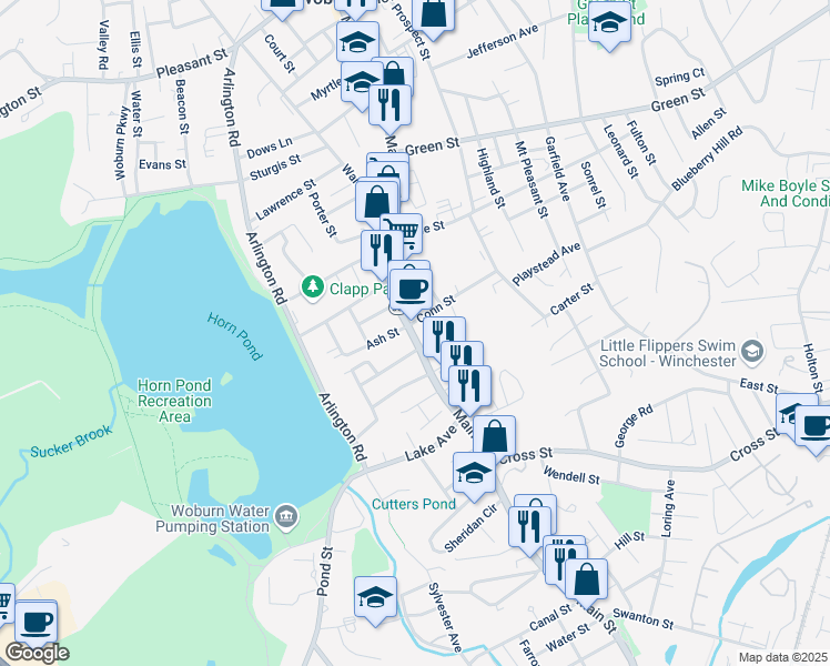 map of restaurants, bars, coffee shops, grocery stores, and more near 6 Ash Street in Woburn
