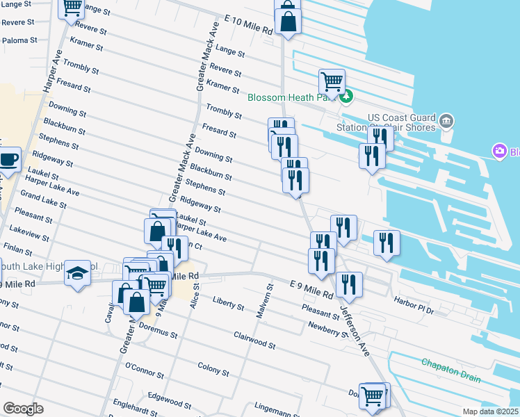 map of restaurants, bars, coffee shops, grocery stores, and more near 22700 Stephens Street in St. Clair Shores