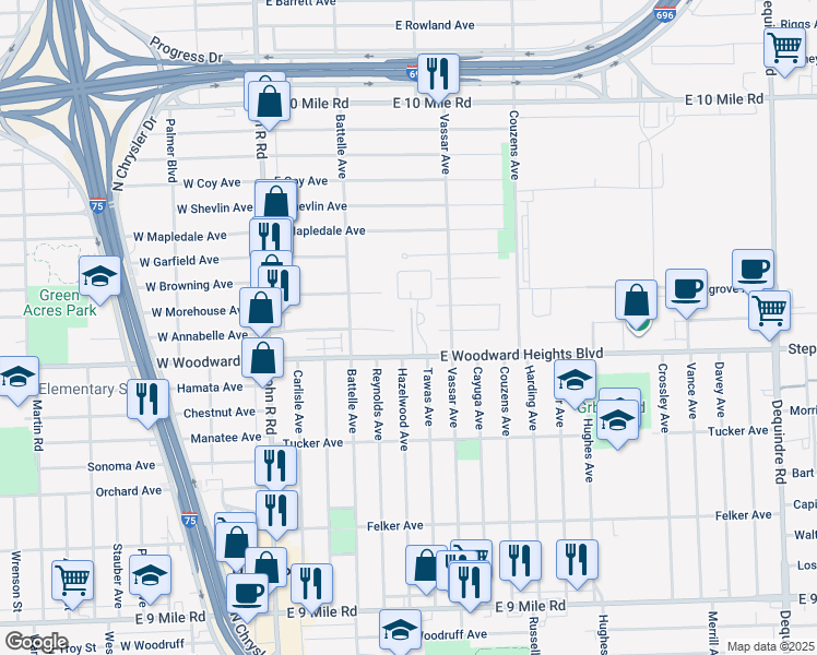 map of restaurants, bars, coffee shops, grocery stores, and more near 701 East Woodward Heights Boulevard in Hazel Park