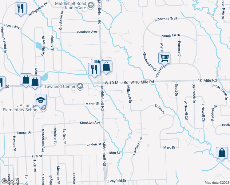 map of restaurants, bars, coffee shops, grocery stores, and more near 24056 Middlebelt Road in Farmington Hills
