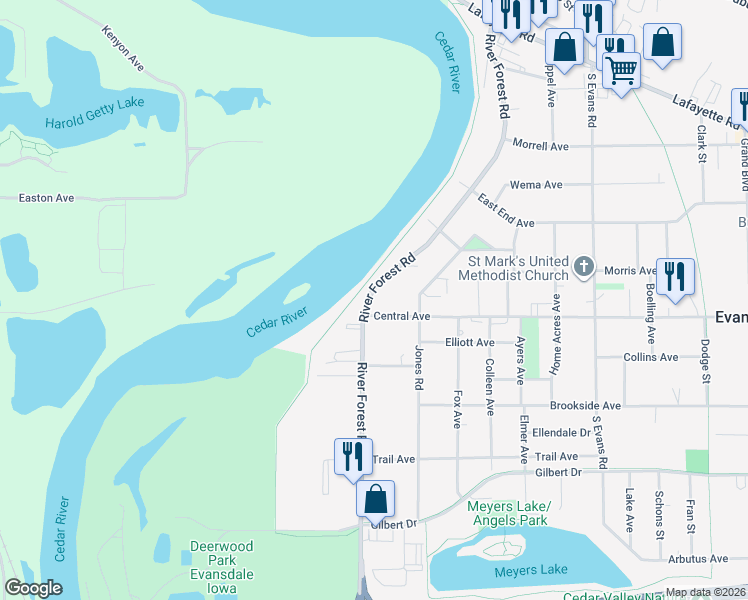 map of restaurants, bars, coffee shops, grocery stores, and more near 135 Central Avenue in Evansdale