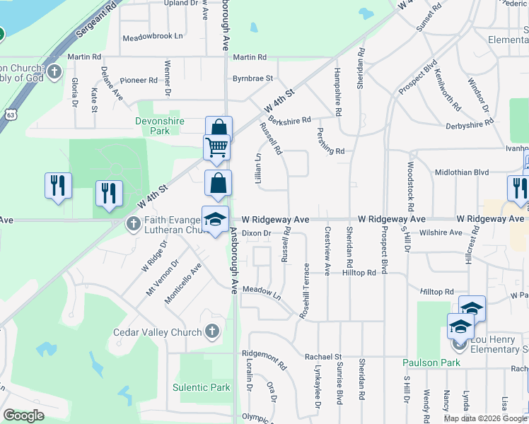 map of restaurants, bars, coffee shops, grocery stores, and more near 1132 West Ridgeway Avenue in Waterloo