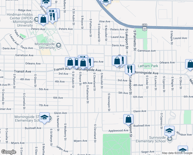 map of restaurants, bars, coffee shops, grocery stores, and more near 2027 South Cleveland Street in Sioux City