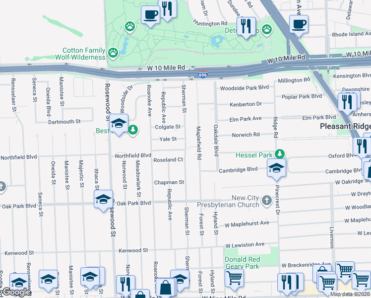map of restaurants, bars, coffee shops, grocery stores, and more near 122 Maplefield Road in Pleasant Ridge