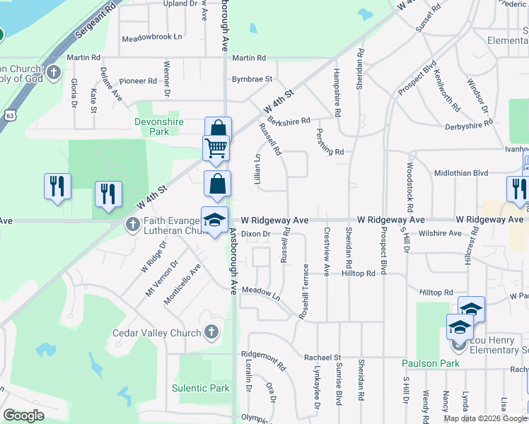 map of restaurants, bars, coffee shops, grocery stores, and more near 1132 West Ridgeway Avenue in Waterloo