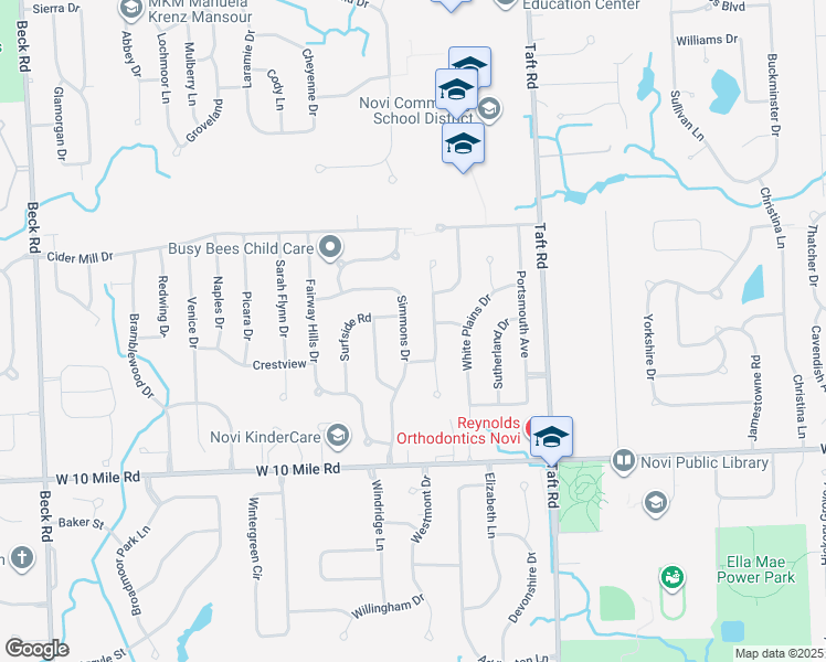 map of restaurants, bars, coffee shops, grocery stores, and more near 24446 Simmons Drive in Novi
