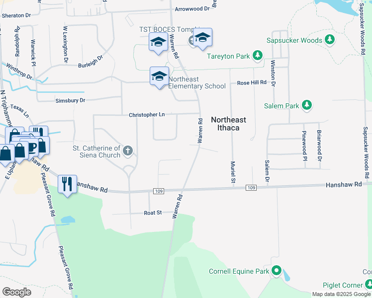 map of restaurants, bars, coffee shops, grocery stores, and more near 1 Rocky Lane in Ithaca