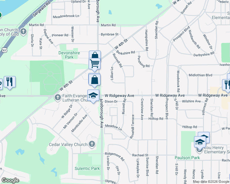 map of restaurants, bars, coffee shops, grocery stores, and more near 1132 West Ridgeway Avenue in Waterloo