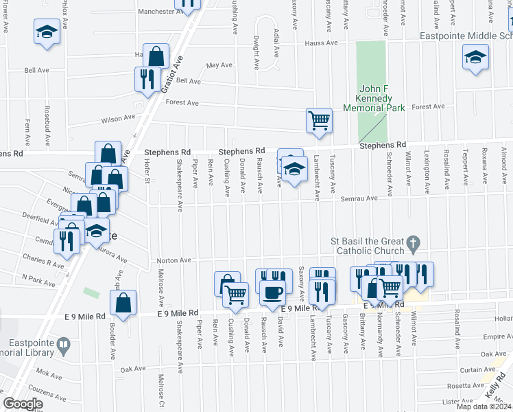 map of restaurants, bars, coffee shops, grocery stores, and more near 23181 Rausch Avenue in Eastpointe