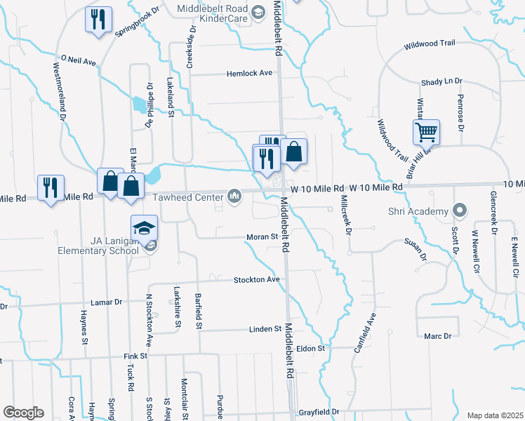map of restaurants, bars, coffee shops, grocery stores, and more near 23944 Noble Drive in Farmington Hills