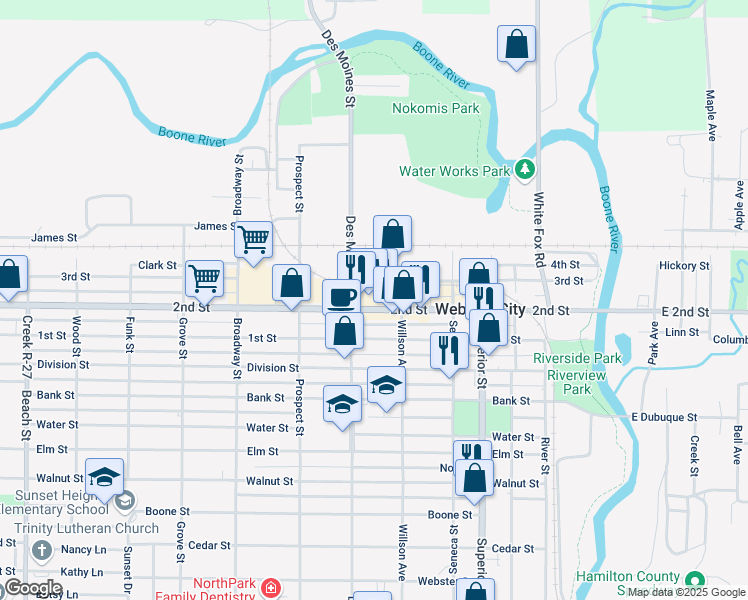 map of restaurants, bars, coffee shops, grocery stores, and more near 625 2nd Street in Webster City