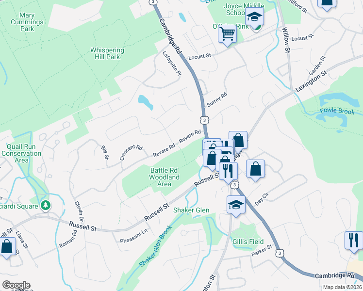 map of restaurants, bars, coffee shops, grocery stores, and more near 12 Revere Rd in Woburn
