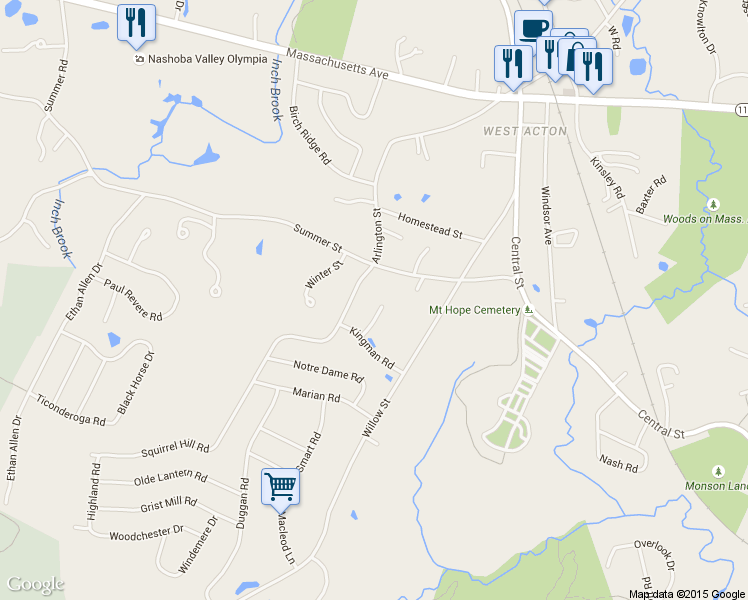 map of restaurants, bars, coffee shops, grocery stores, and more near 6 Castle Drive in Acton