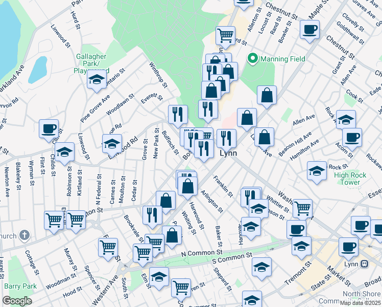 map of restaurants, bars, coffee shops, grocery stores, and more near 200 Franklin Street in Lynn
