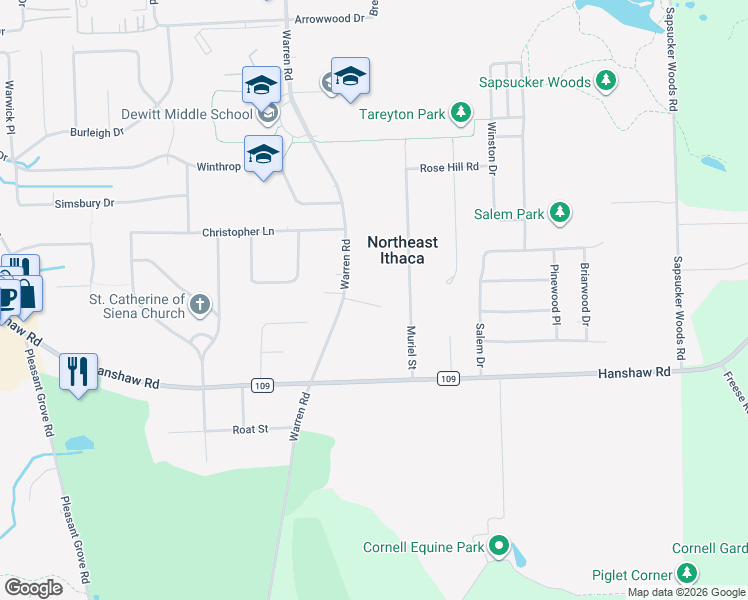 map of restaurants, bars, coffee shops, grocery stores, and more near 427 Warren Road in Ithaca